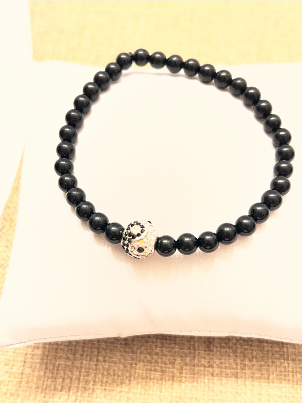 Men's Black Beaded Stretch Bracelet with Decorative Silver Accent